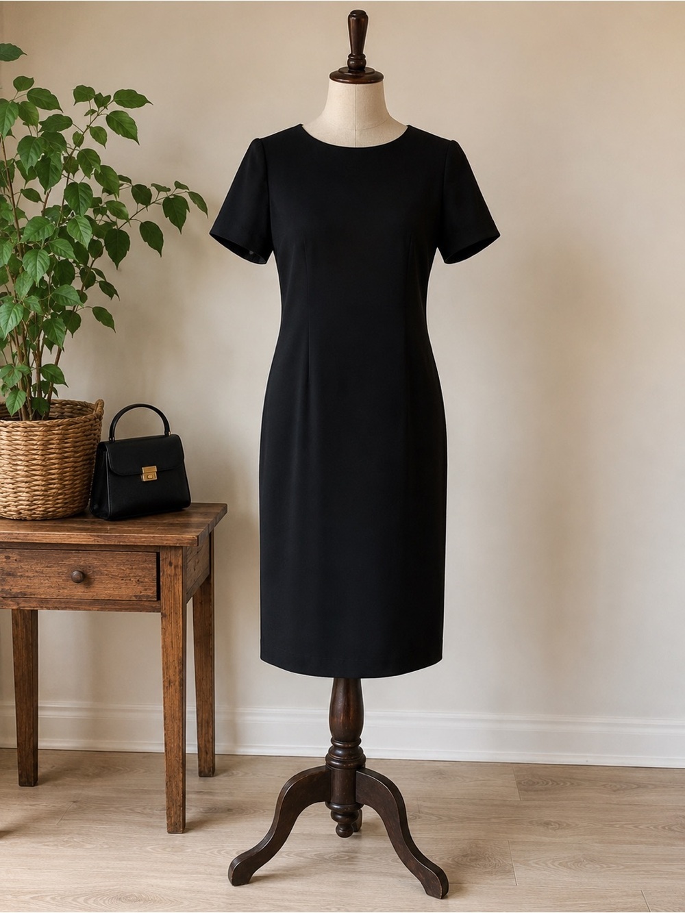 Vintage 90s Black Minimalist Sheath Midi Dress Made in Canada JONES Size 12